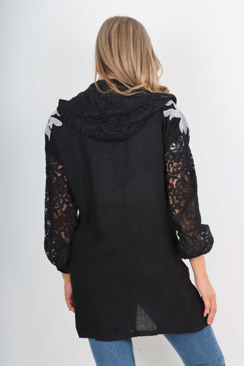 Italian Lace Sleeve Hooded Long Cardigan