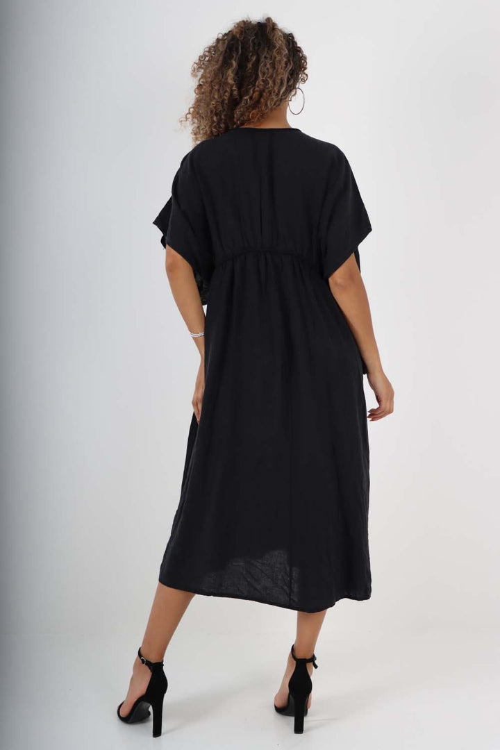 Italian Drawestring Front Flared Linen Dress