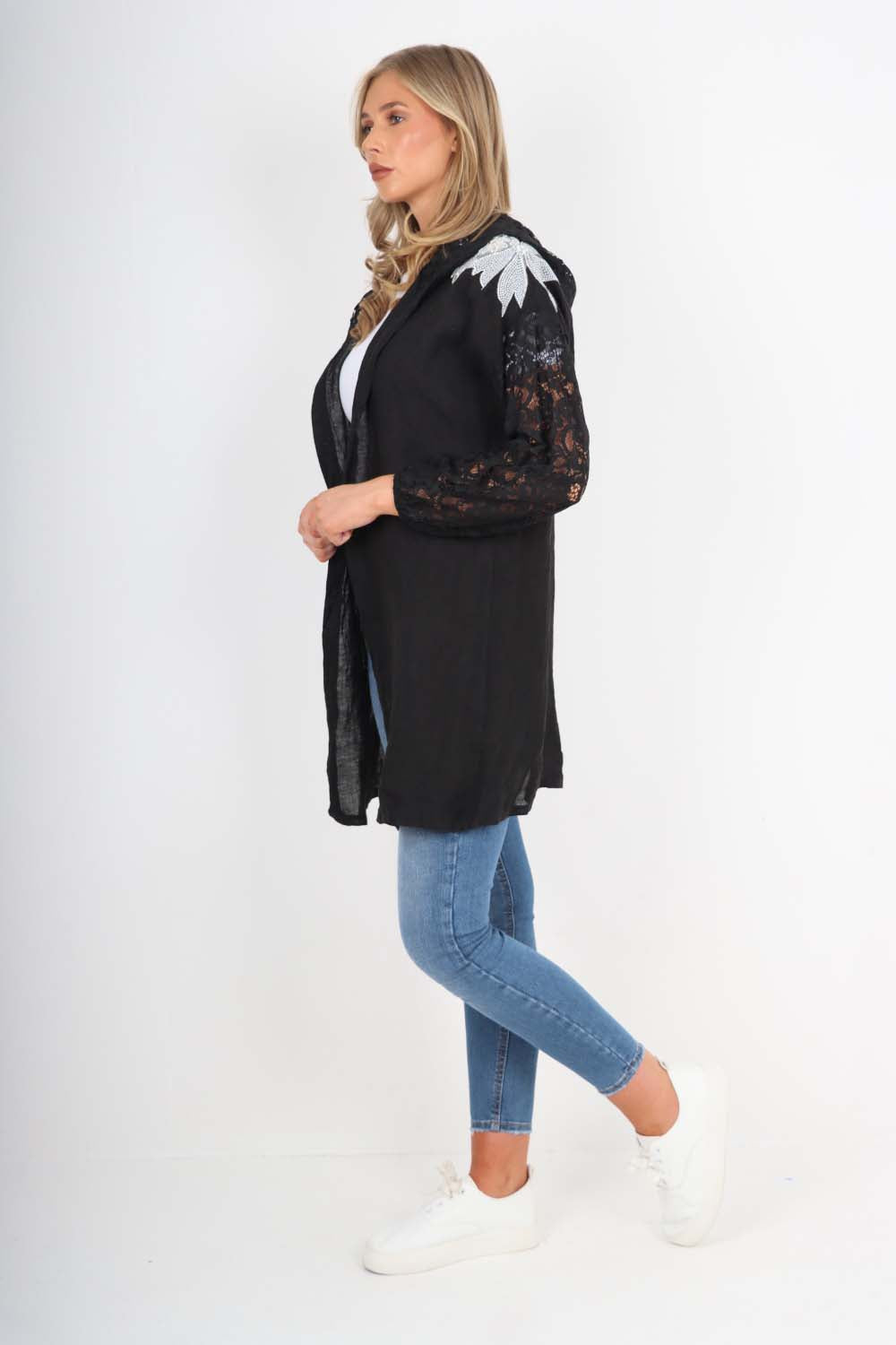 Italian Lace Sleeve Hooded Long Cardigan