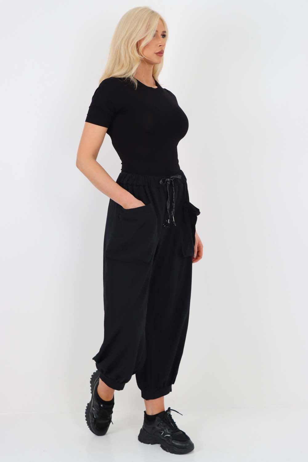 Italian Drawstring Cotton Harem Trousers With Side Pockets