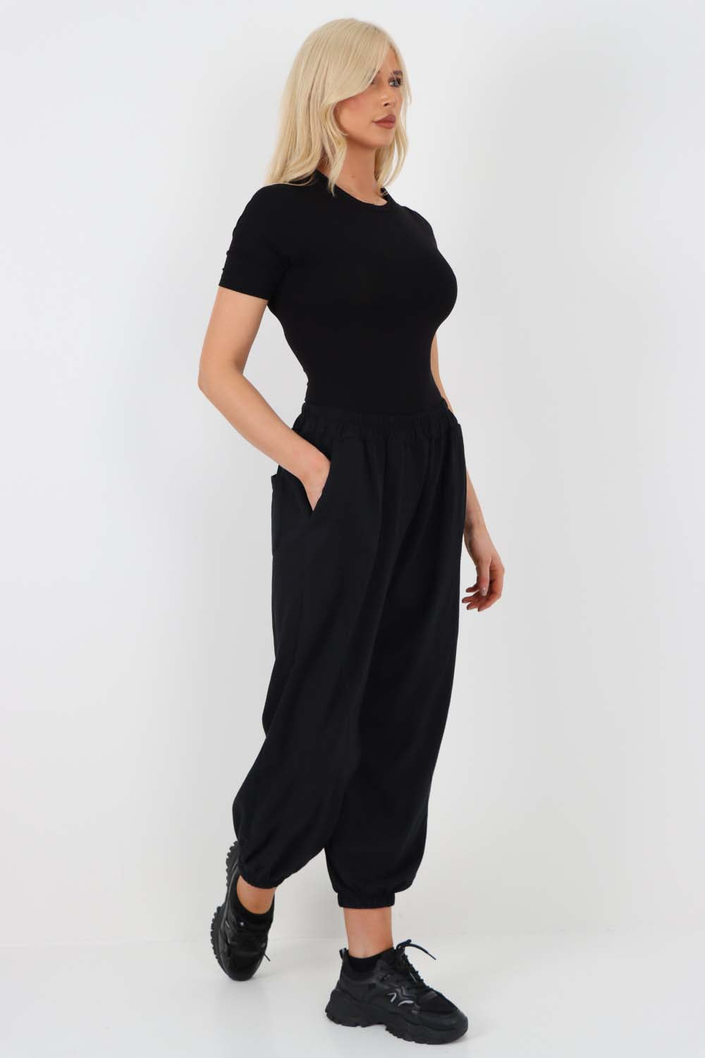 Italian Ruched Hem Cotton Trousers With Side Pockets