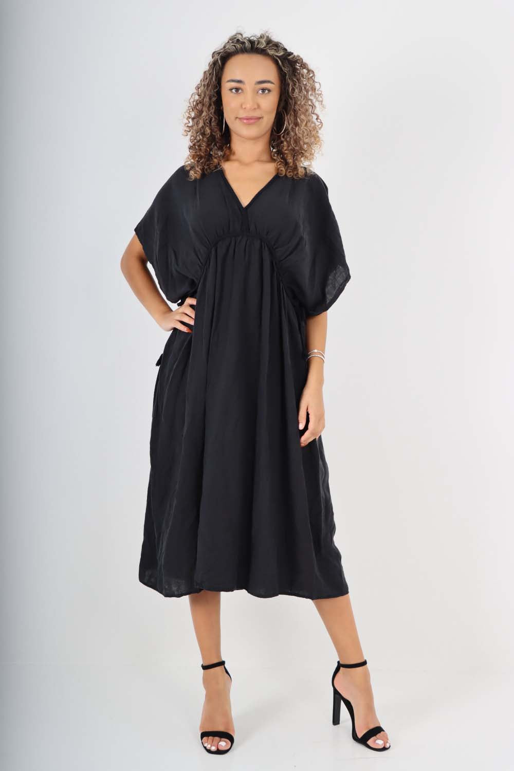 Italian Drawestring Front Flared Linen Dress