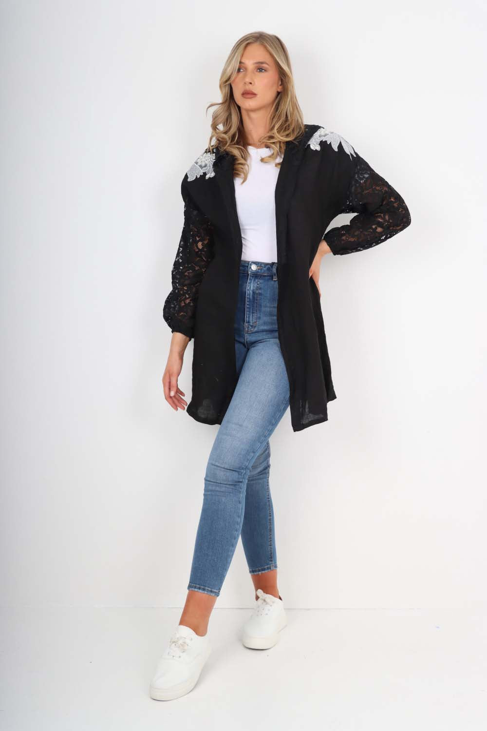 Italian Lace Sleeve Hooded Long Cardigan