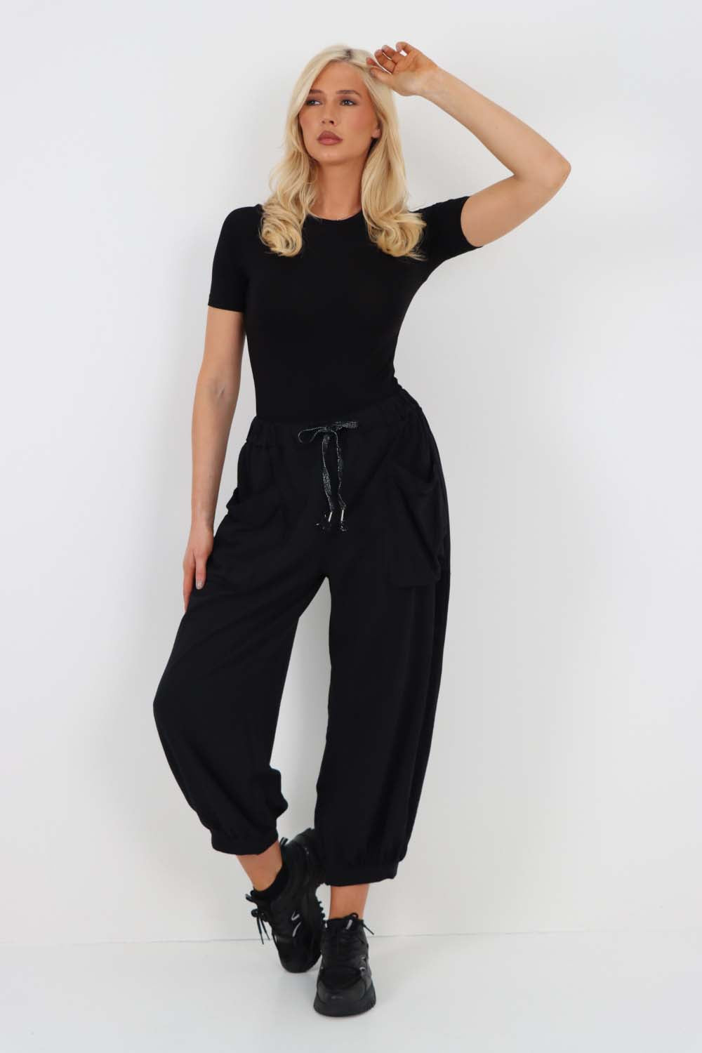 Italian Drawstring Cotton Harem Trousers With Side Pockets