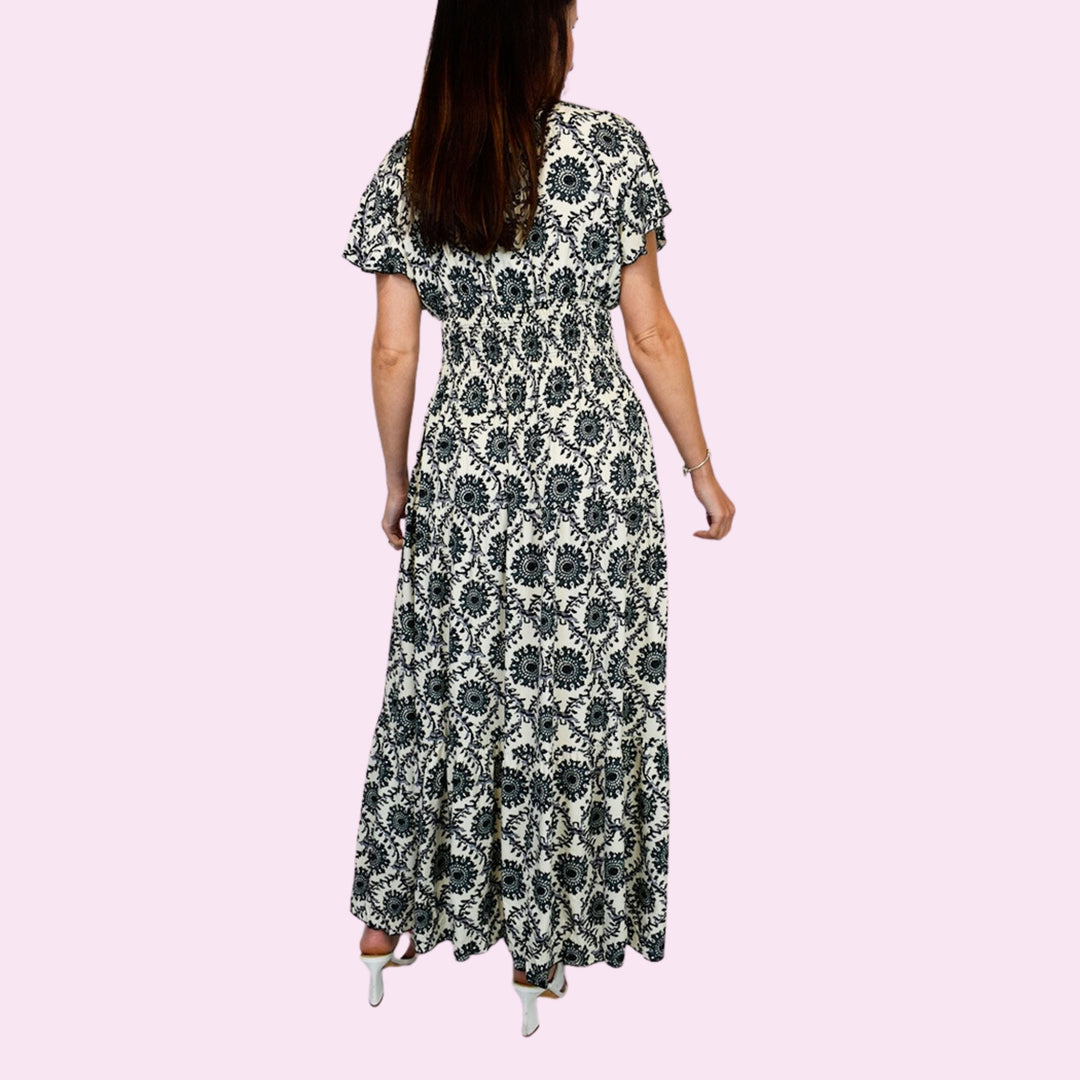 Aztec Patch Button Front Frill Sleeve Maxi Dress