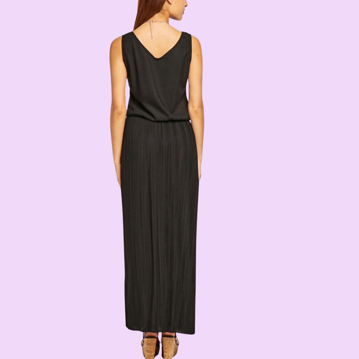 PLEATED V NECK MAXI DRESS