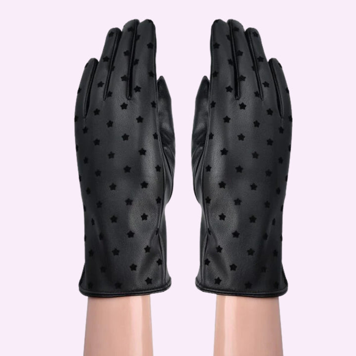 Black Small Stars Synthetic Leather (PU) woman Gloves