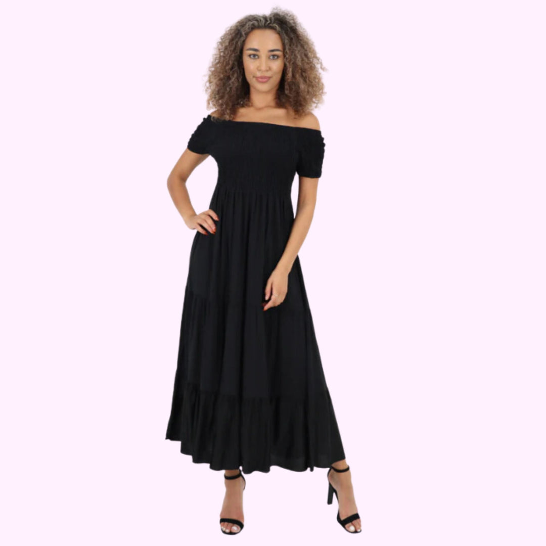 Italian Off Shoulder Shirred Elasticated Tiered Maxi Dress