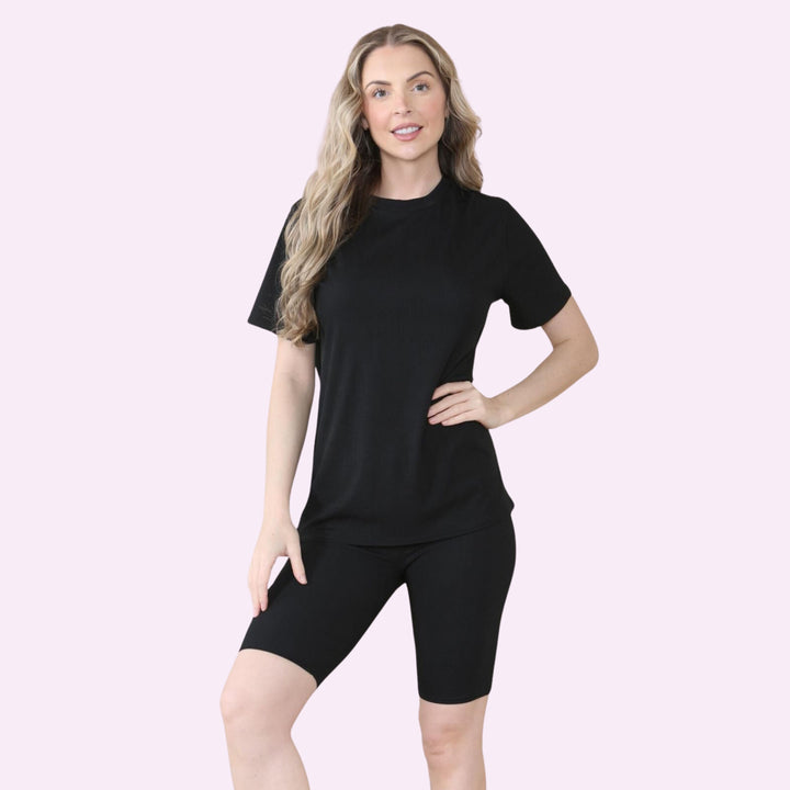 Ladies Ribbed Cycling Shorts Oversized T-Shirt and Active Gym Co ord Set