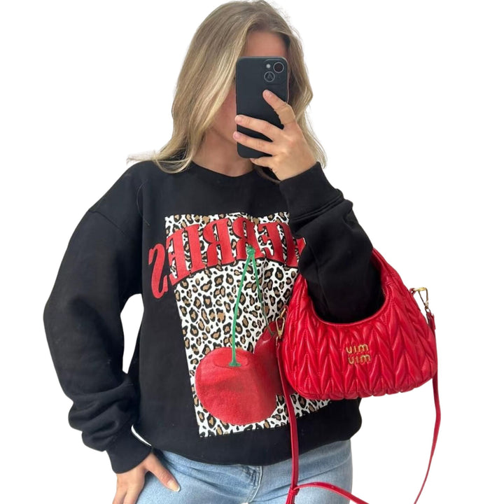 Ladies Long Sleeve Cherries Leopard Print Sweatshirt Jumper Dress