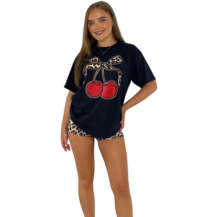 Ladies Bow Leopard Cherries  Oversized T-shirt Top