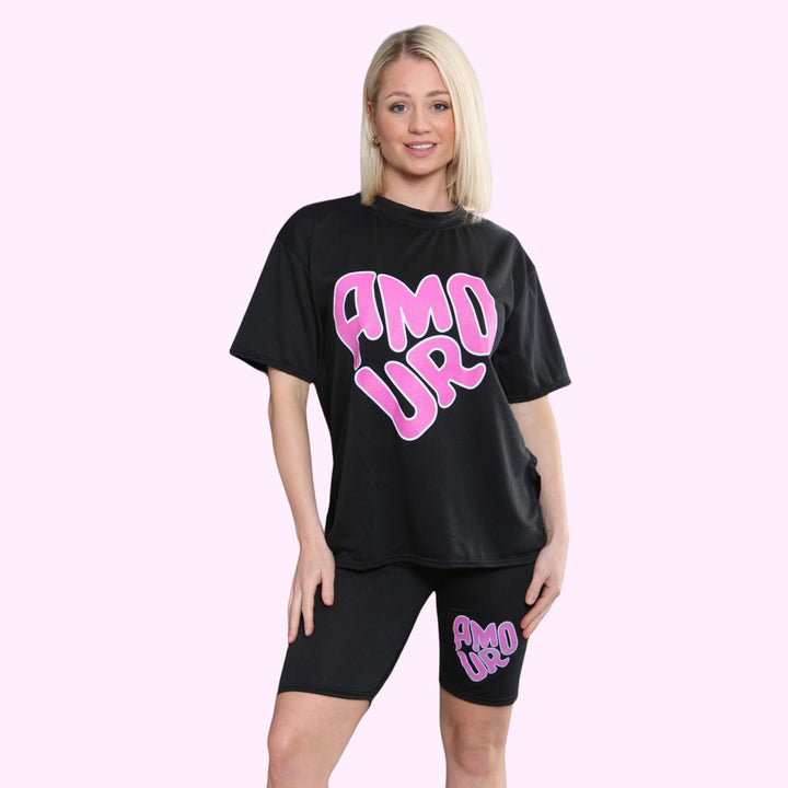 AMOUR Print Cycling Short Co Ord T Shirt Set