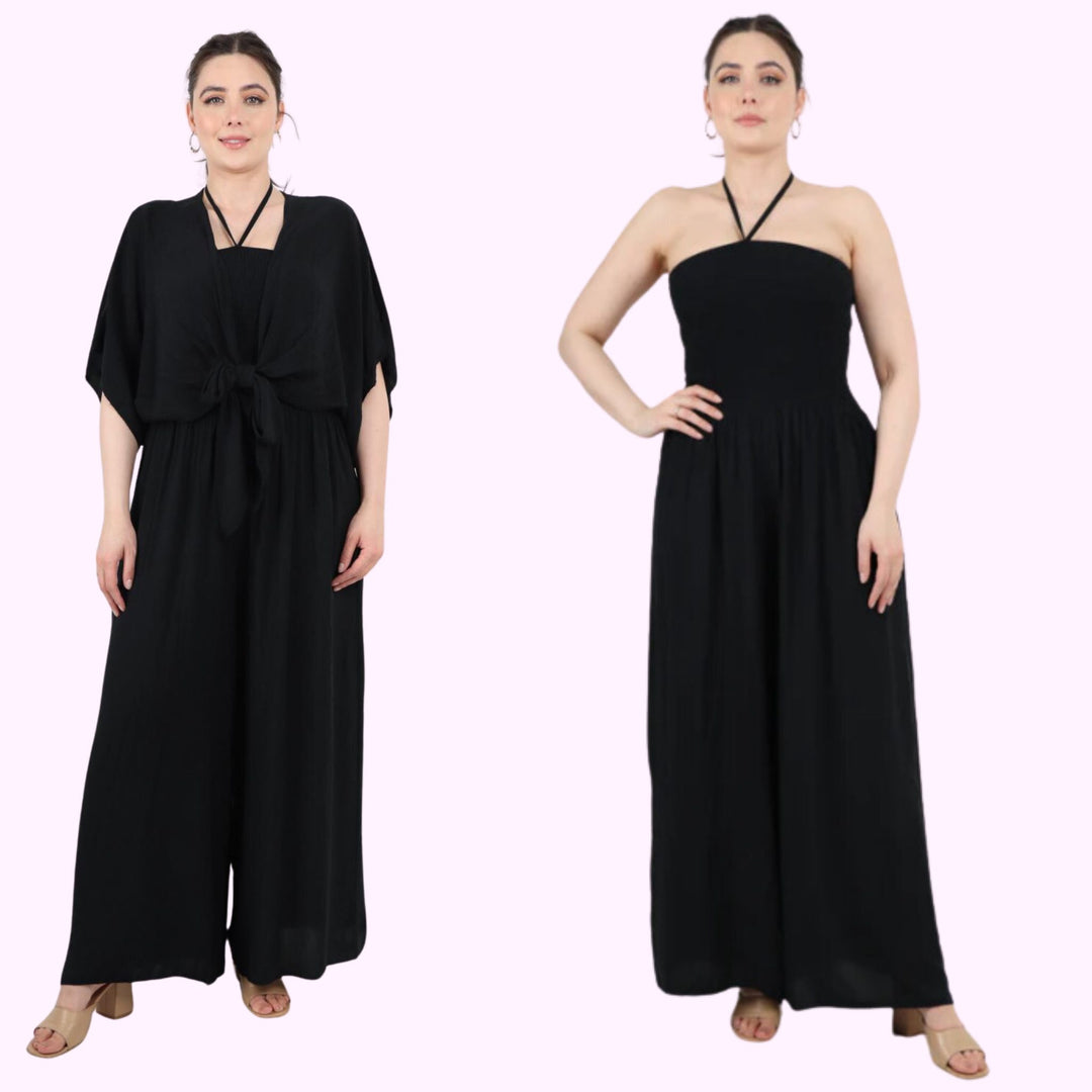 ITALIAN TWO PIECE BARDOT JUMPSUIT AND TIE WAIST SHRUG