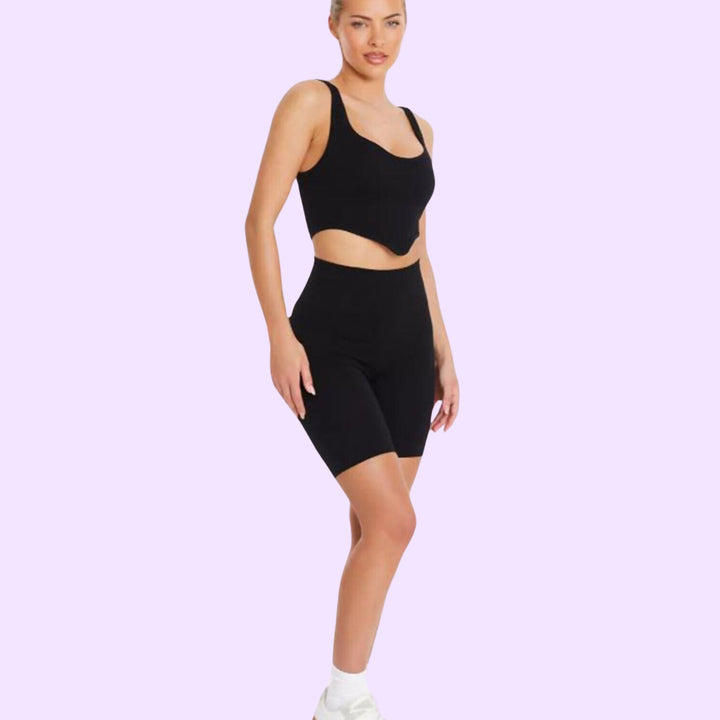 SLEEVELESS CURVE HEM RIBBED CROP TOP AND CYCLING SHORT SET