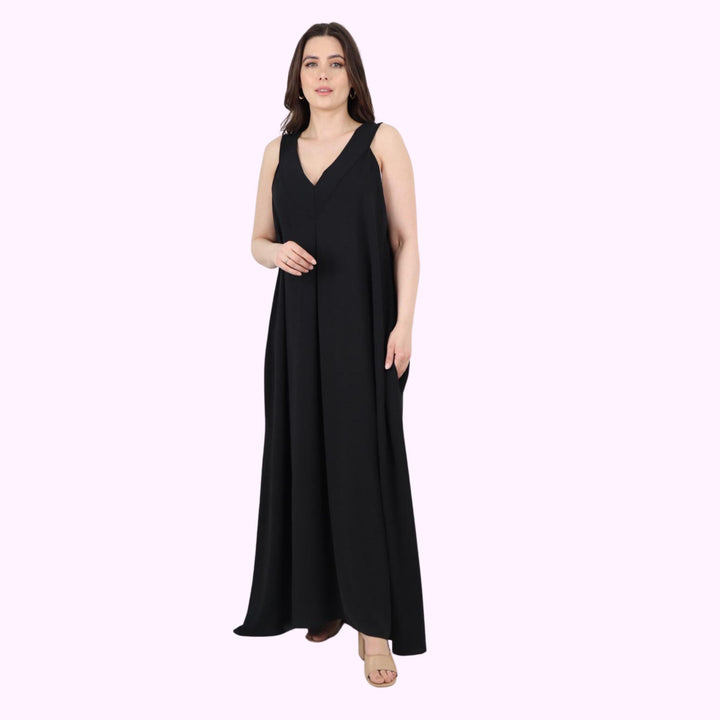 Sleeveless V-Neck Sides Pockets Maxi Dress