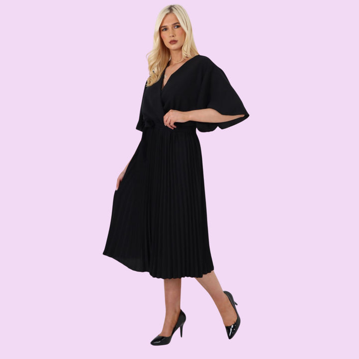 Pleated Belted Wrap Midi Dress