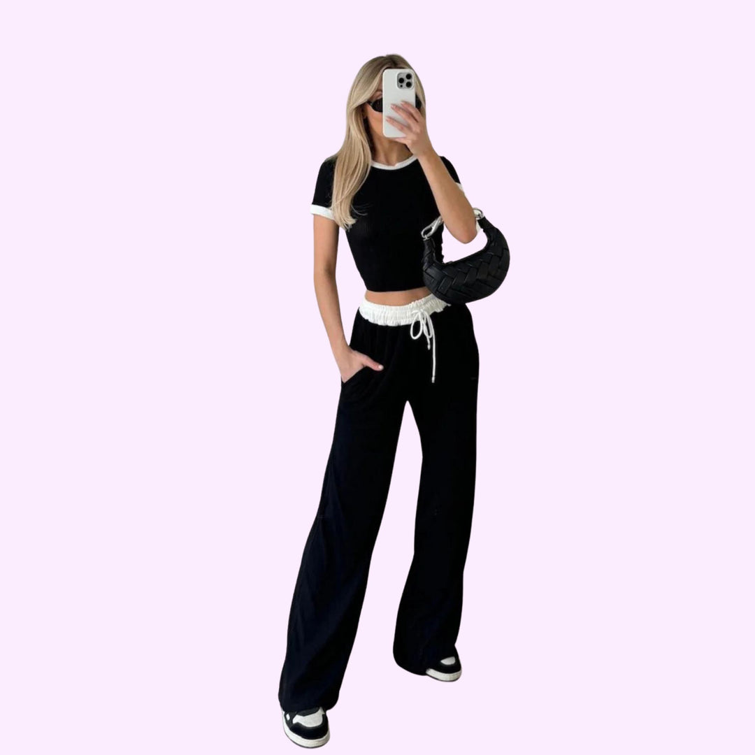 Ribbed contras cap sleeve crop top and trouser two piece set