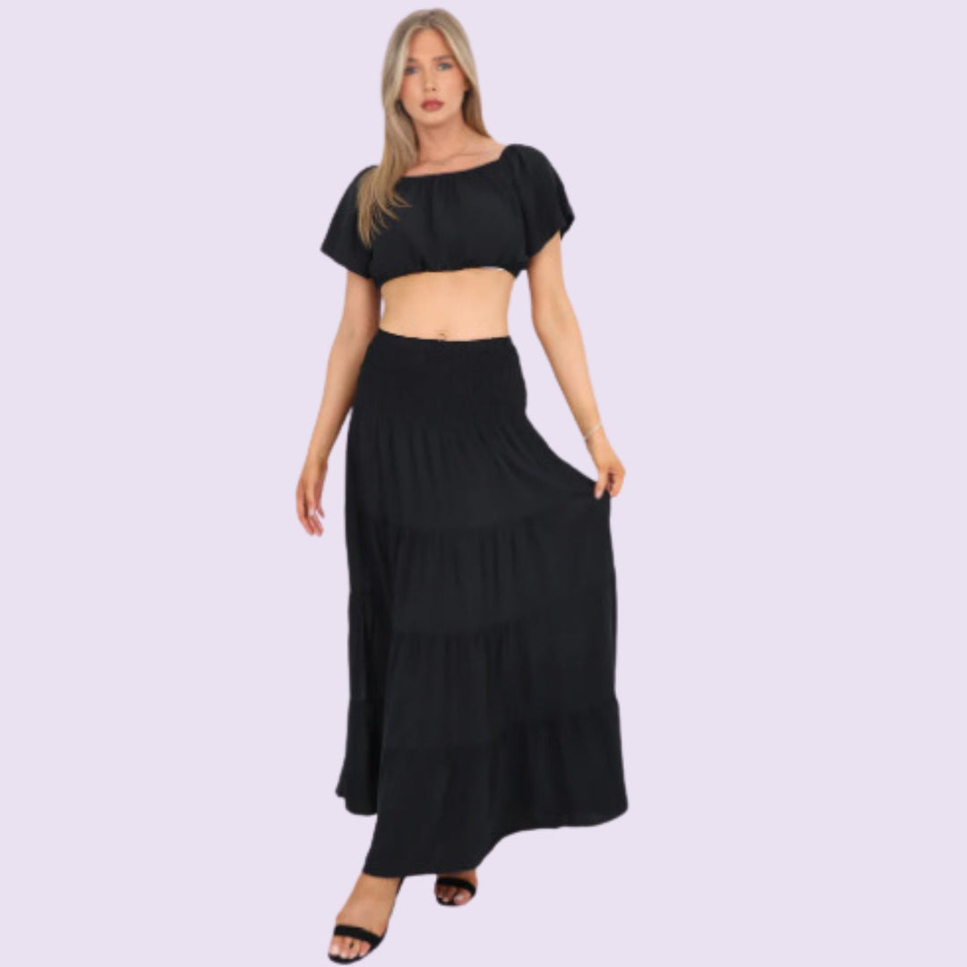 Italian Bardot Crop Top And Maxi Skirt Set