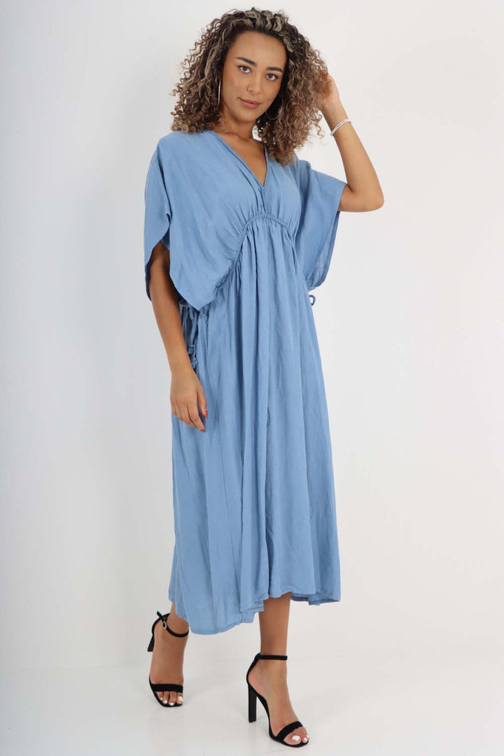 Italian Drawestring Front Flared Linen Dress