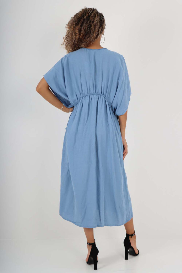 Italian Drawestring Front Flared Linen Dress