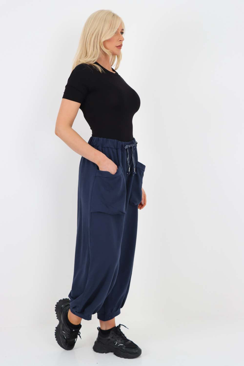 Italian Drawstring Cotton Harem Trousers With Side Pockets