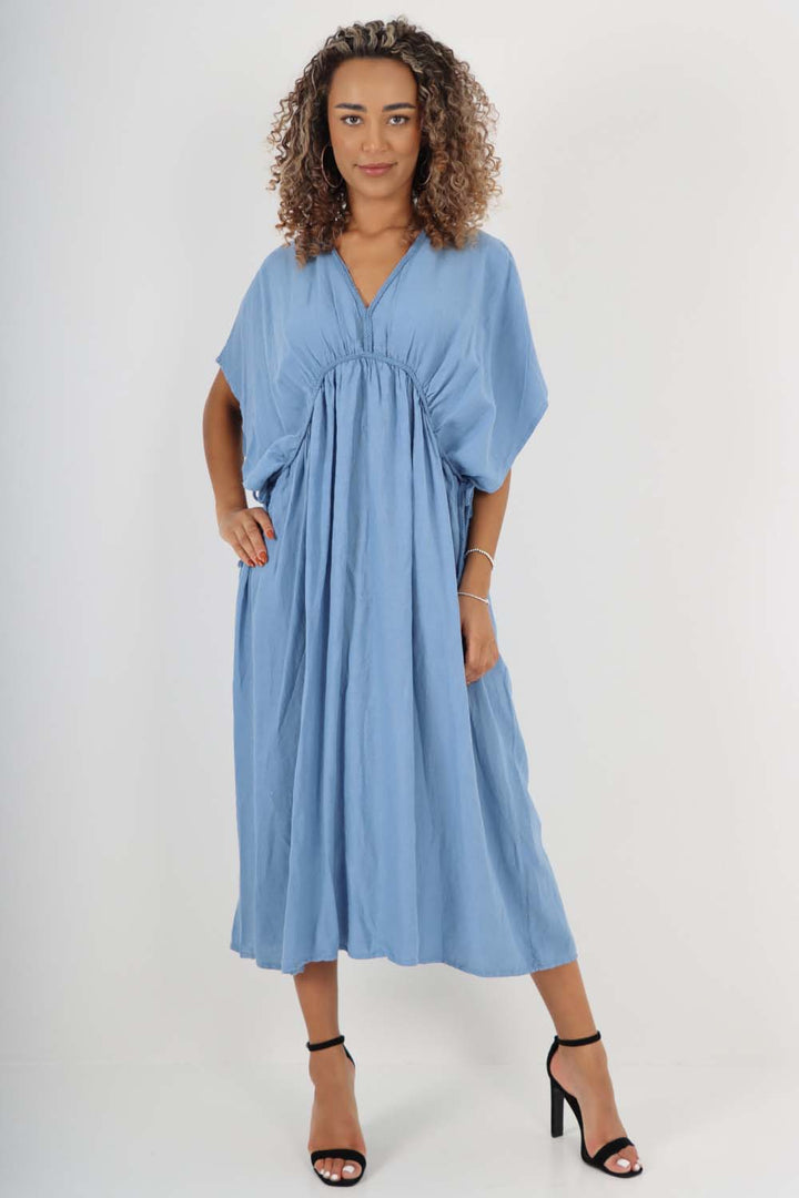 Italian Drawestring Front Flared Linen Dress