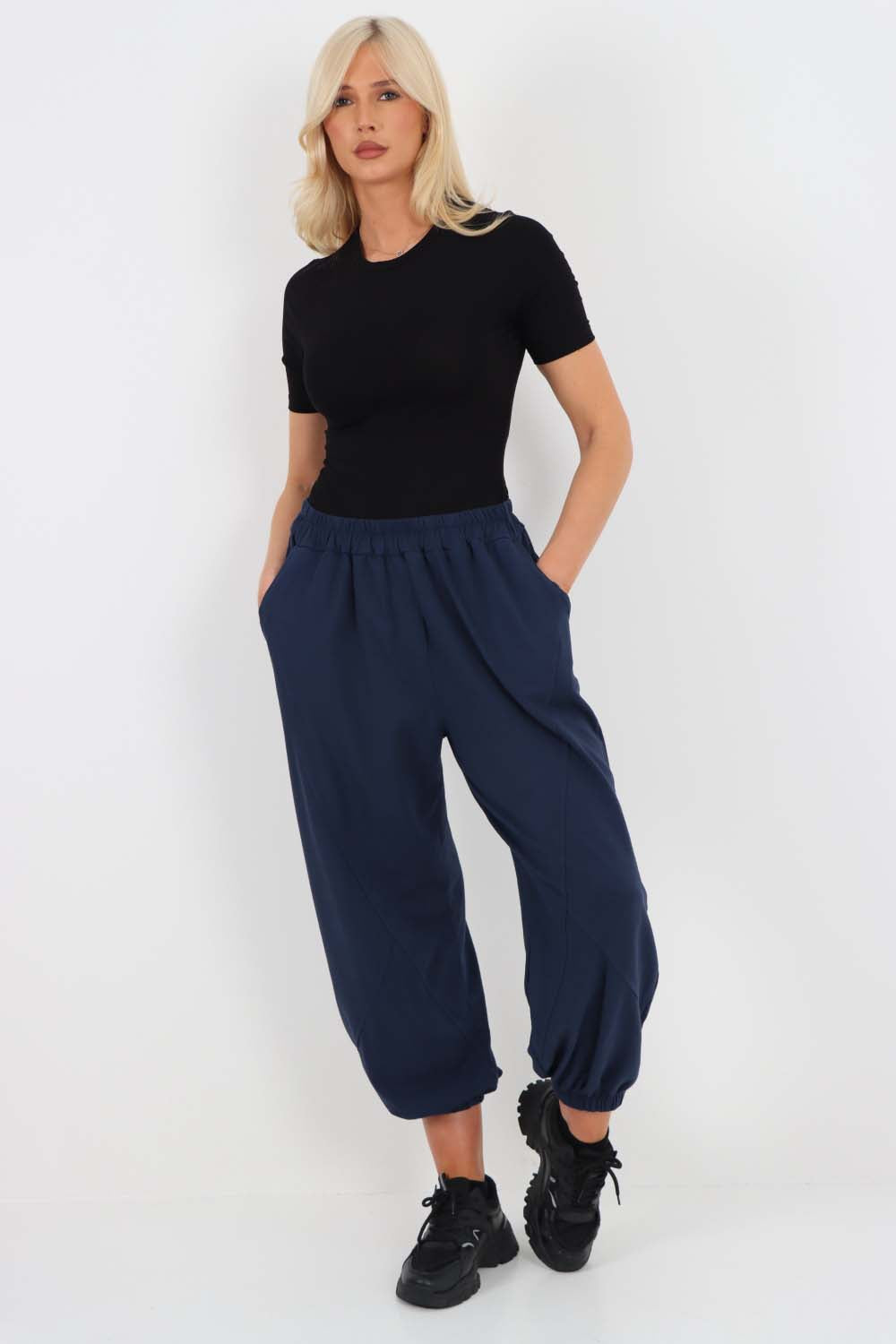 Italian Ruched Hem Cotton Trousers With Side Pockets