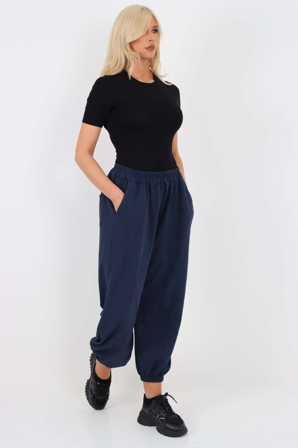 Italian Ruched Hem Cotton Trousers With Side Pockets