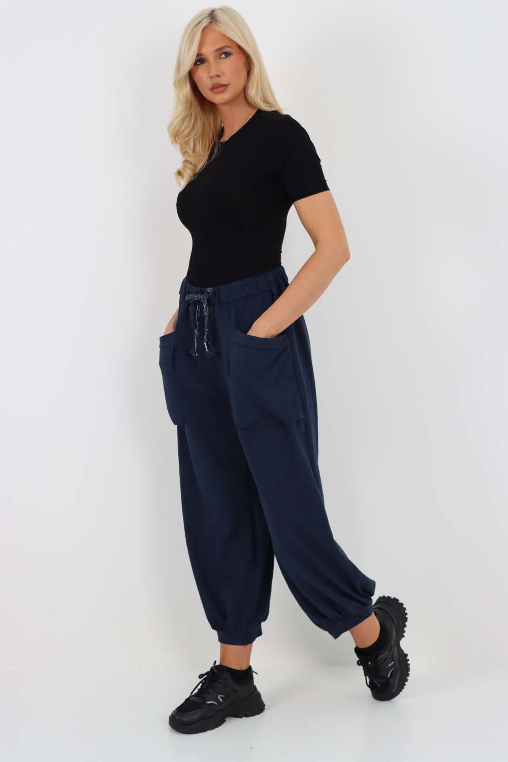 Italian Drawstring Cotton Harem Trousers With Side Pockets