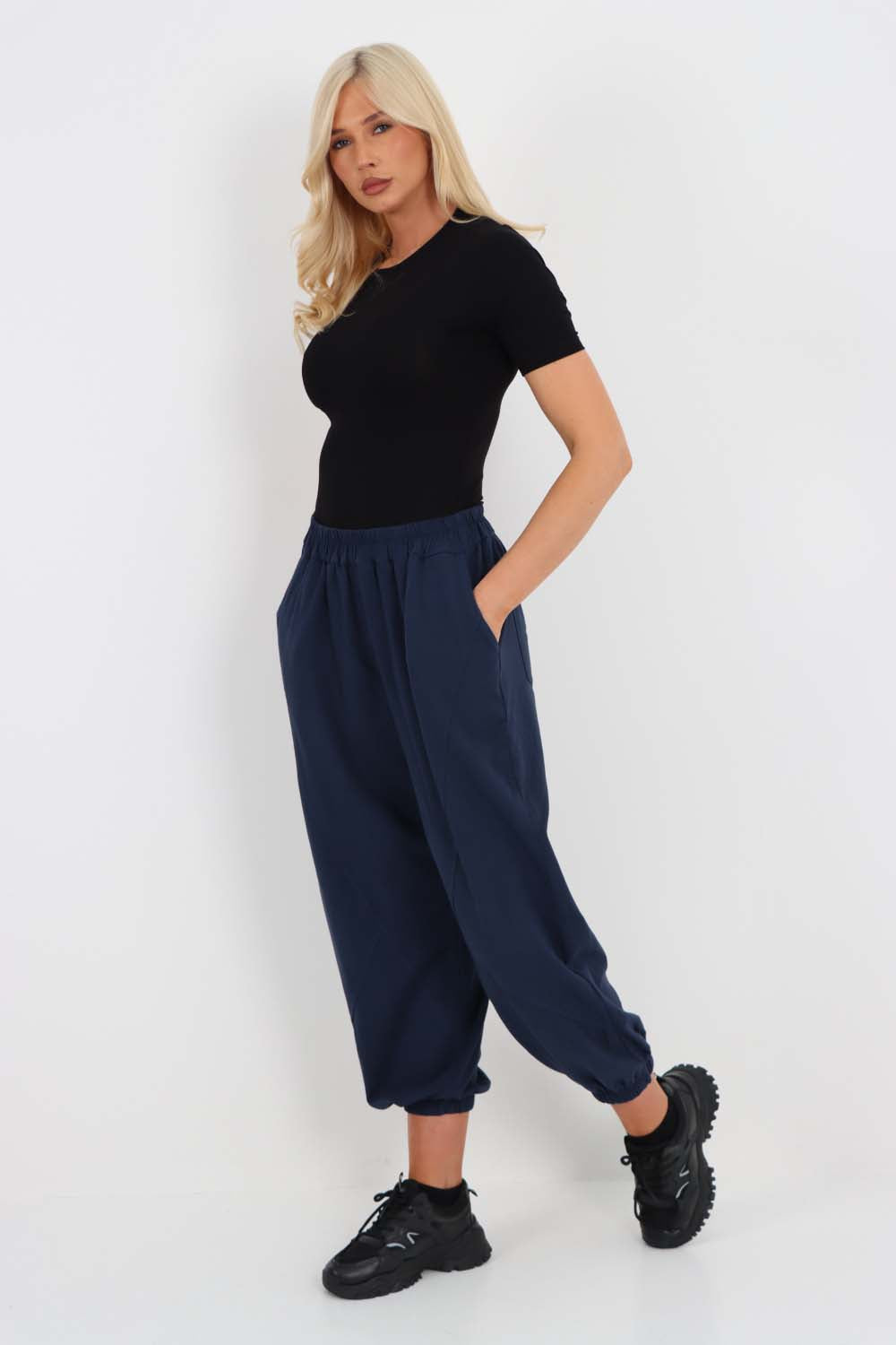 Italian Ruched Hem Cotton Trousers With Side Pockets