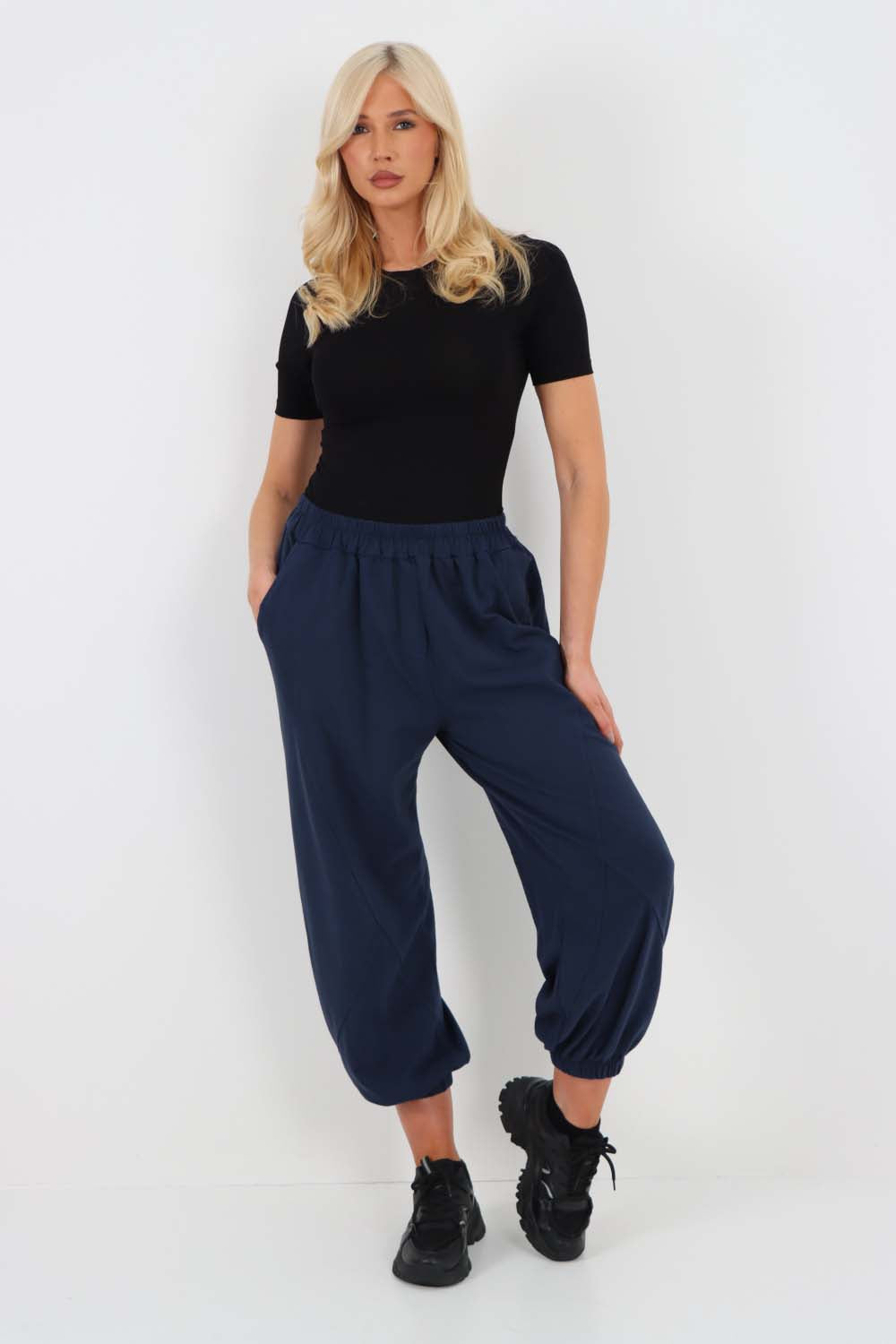 Italian Ruched Hem Cotton Trousers With Side Pockets