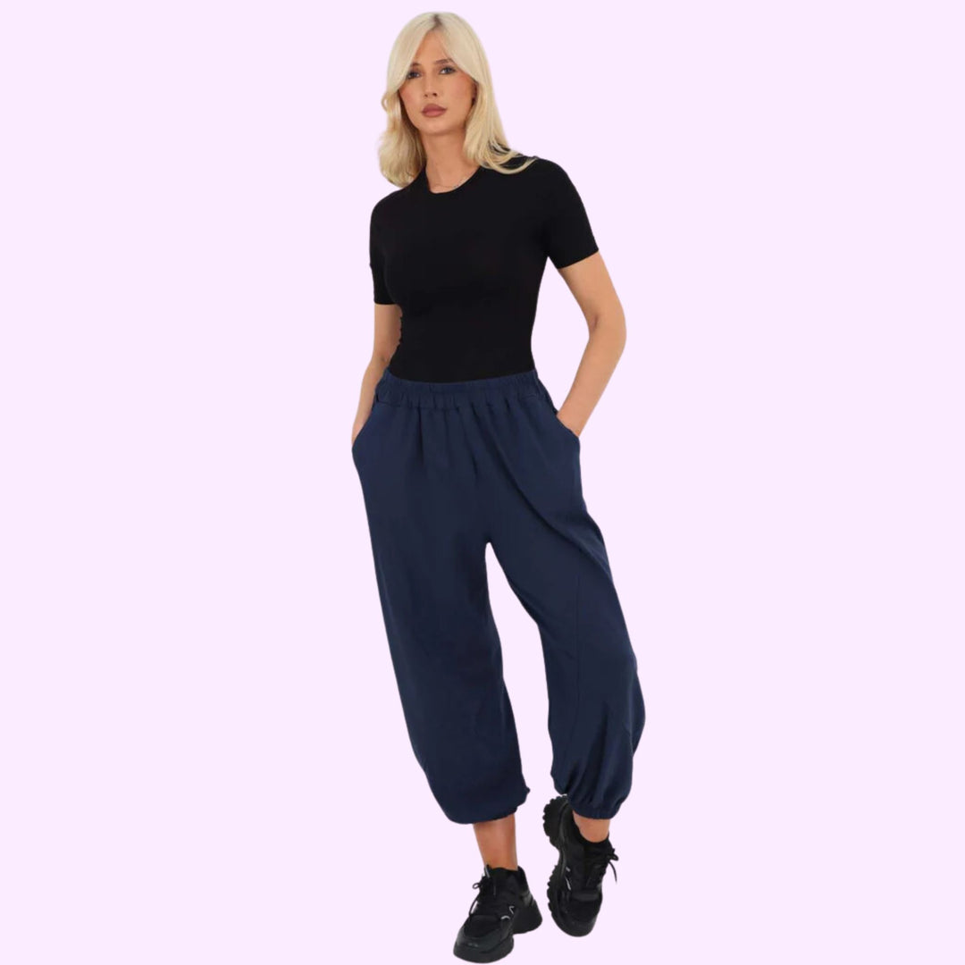 Italian Ruched Hem Cotton Trousers With Side Pockets