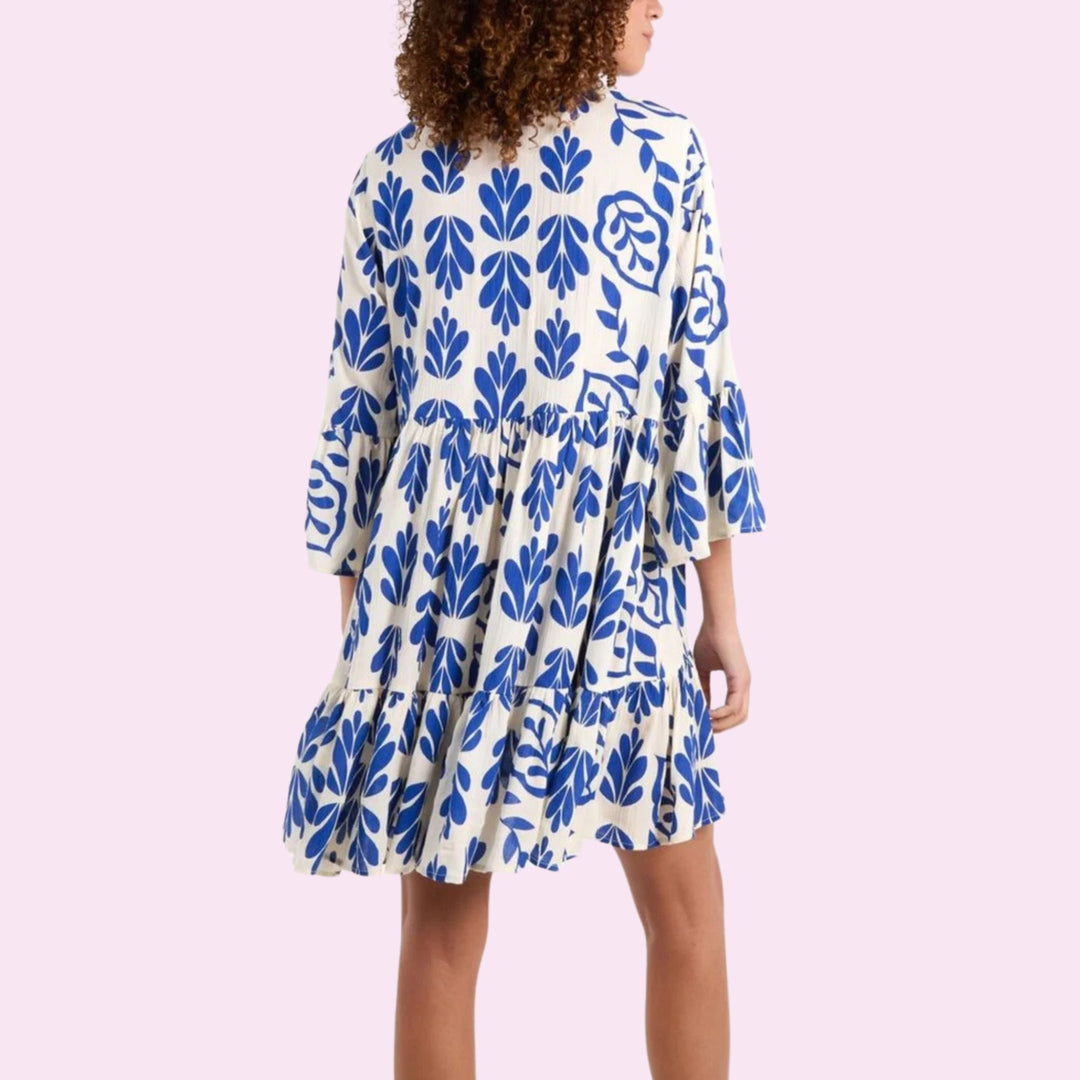 Tie Front Blue Leaf Smock Dress