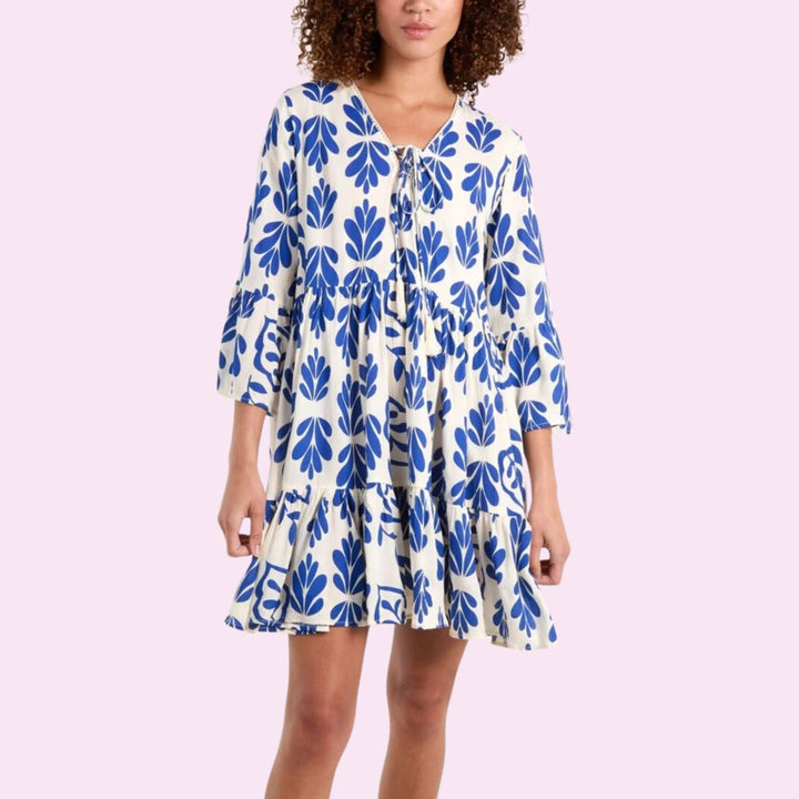 Tie Front Blue Leaf Smock Dress