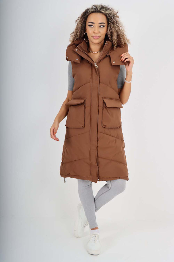 Italian Padded Pockets Hooded Long Gilet