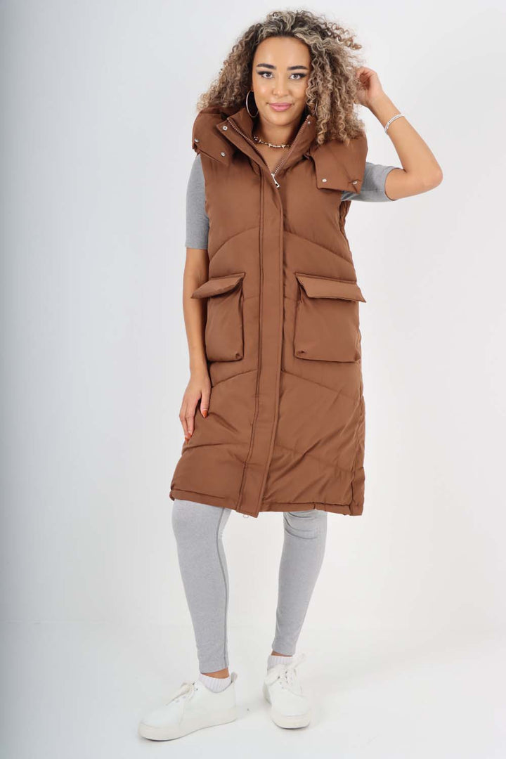 Italian Padded Pockets Hooded Long Gilet