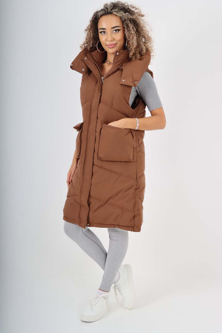 Italian Padded Pockets Hooded Long Gilet