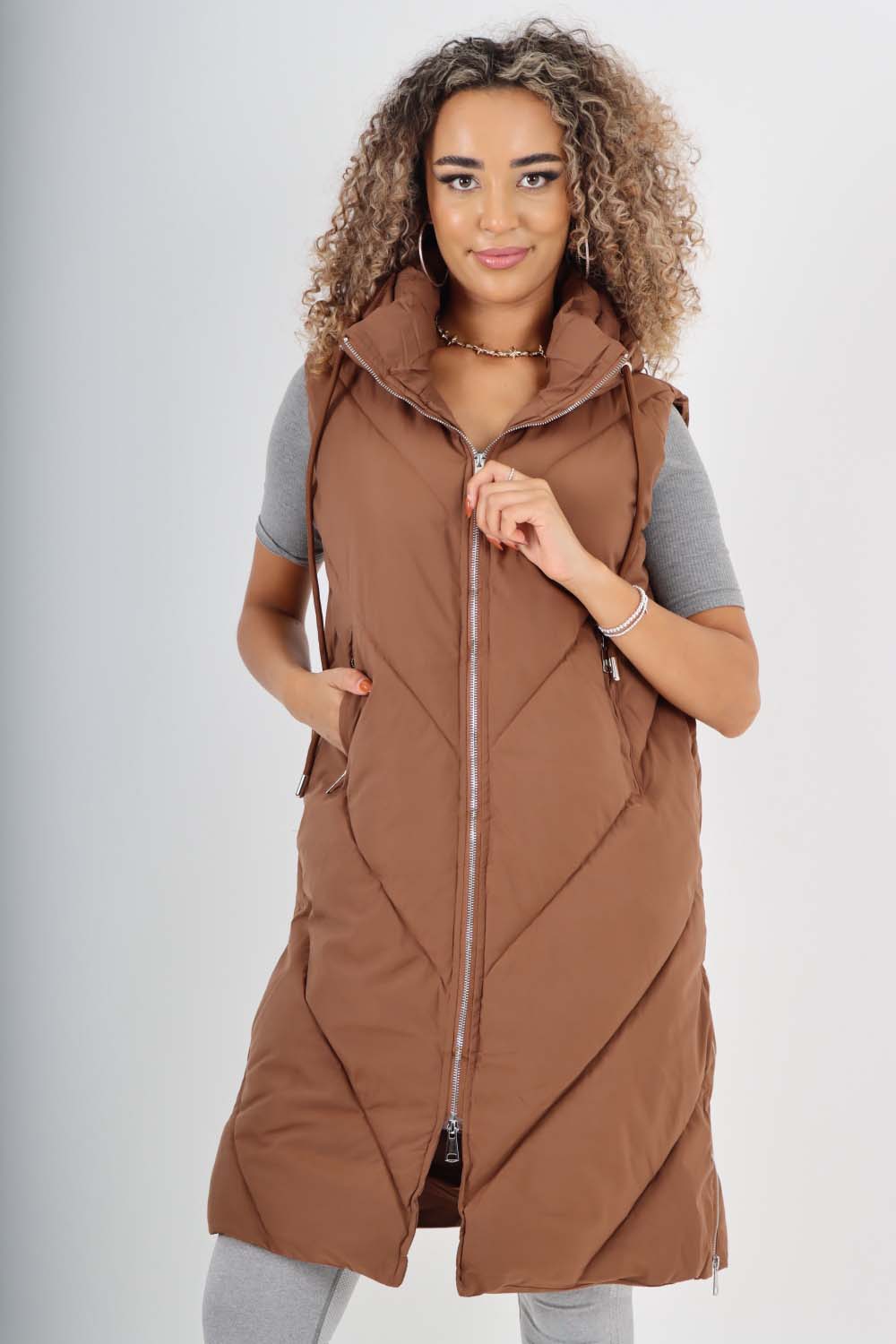 Italian Padded Pockets Hooded Zip up Long Gilet