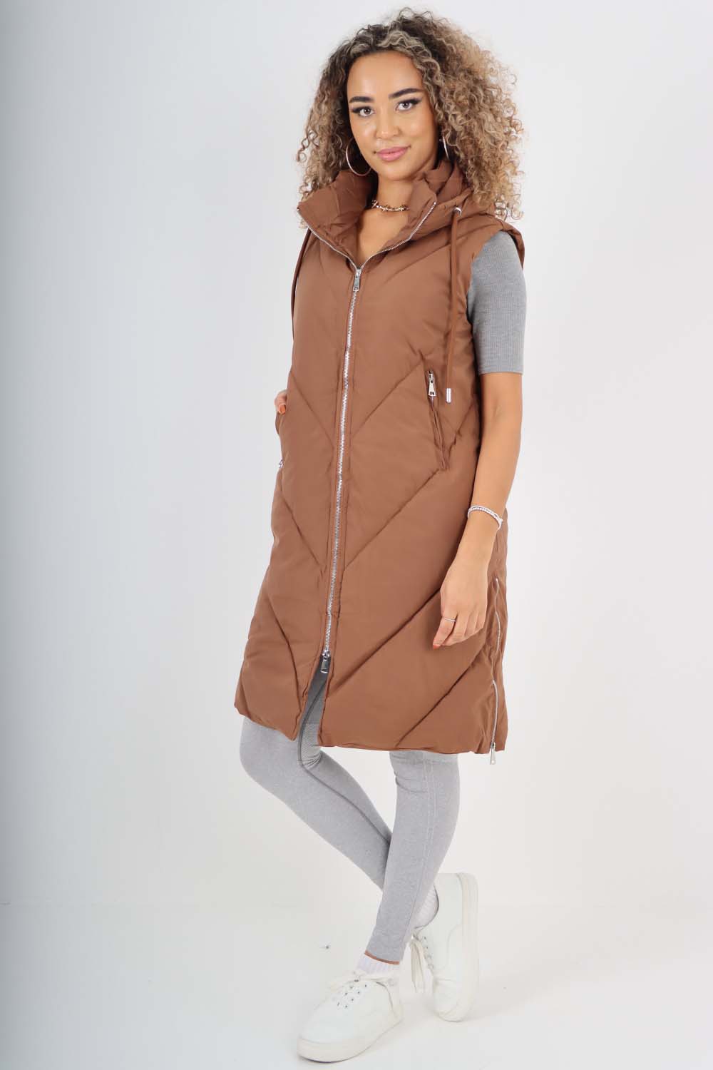 Italian Padded Pockets Hooded Zip up Long Gilet