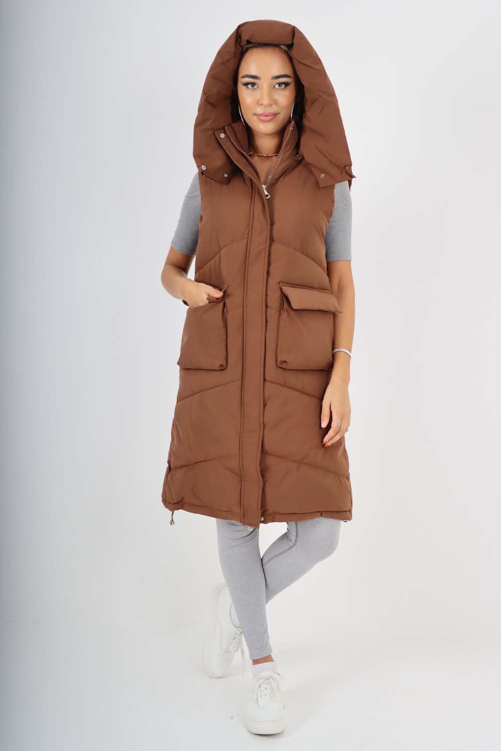 Italian Padded Pockets Hooded Long Gilet