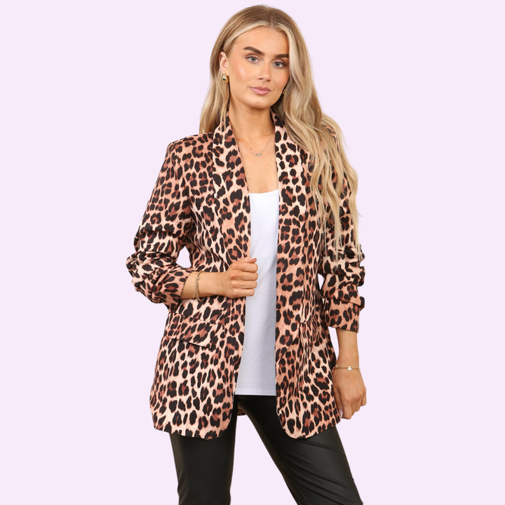 Leopard Print Blazer Open Front Pocket Jacket