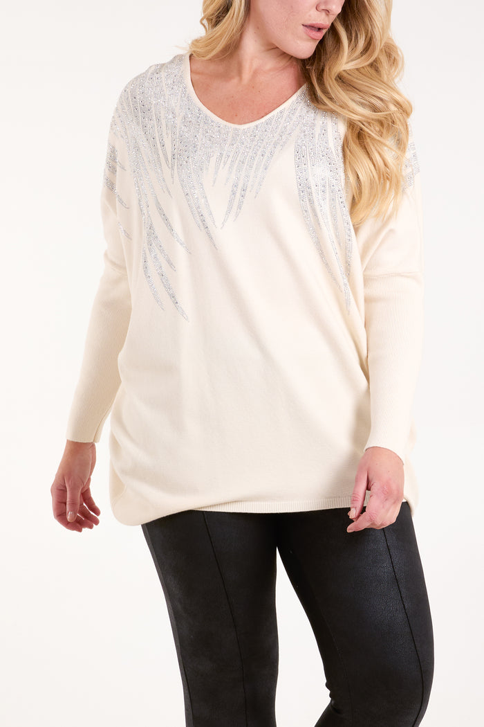 Diamante Leaves V-Neck Knit Jumper