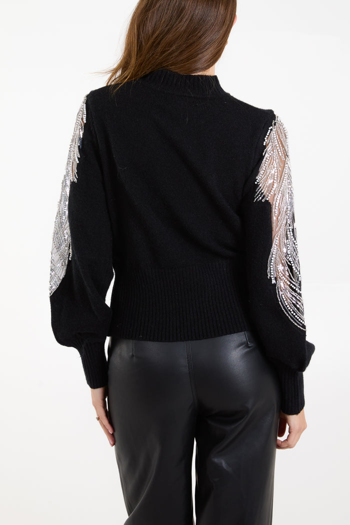 Diamante & Mesh Puff Sleeve Knit Jumper