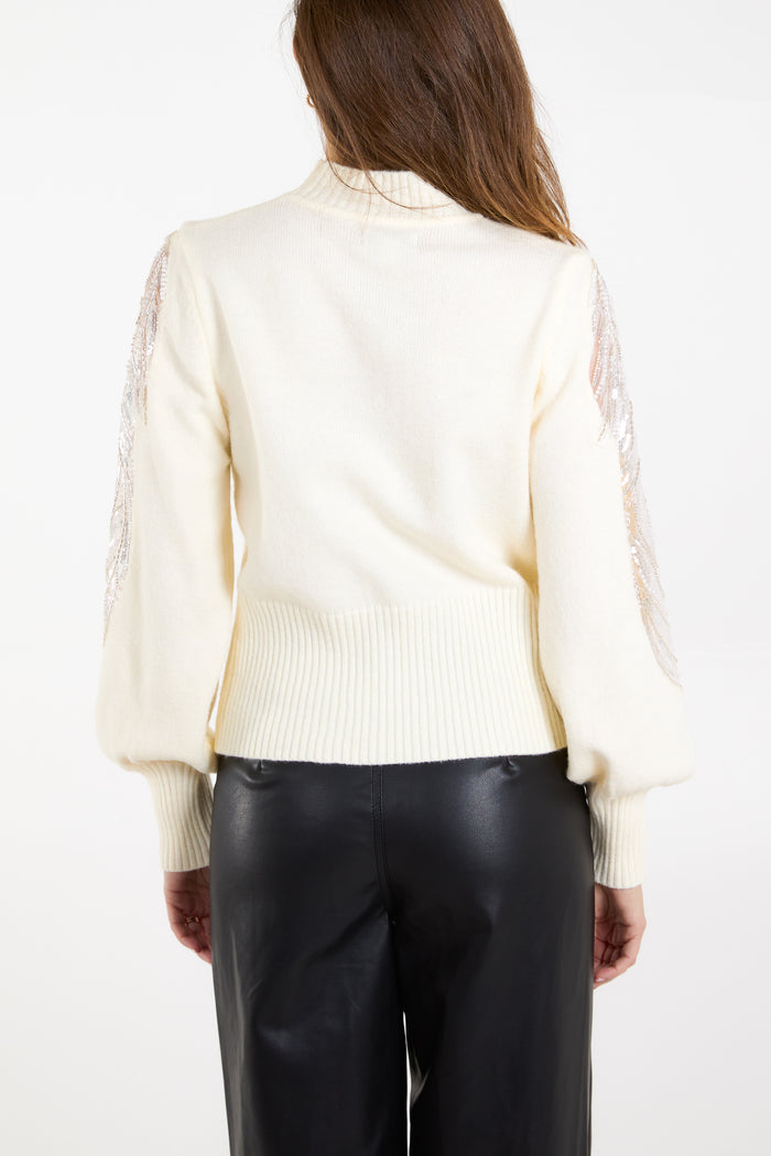 Diamante & Mesh Puff Sleeve Knit Jumper