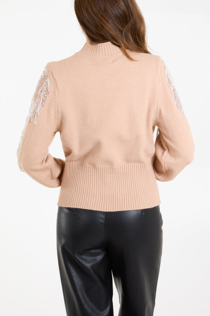 Diamante & Mesh Puff Sleeve Knit Jumper