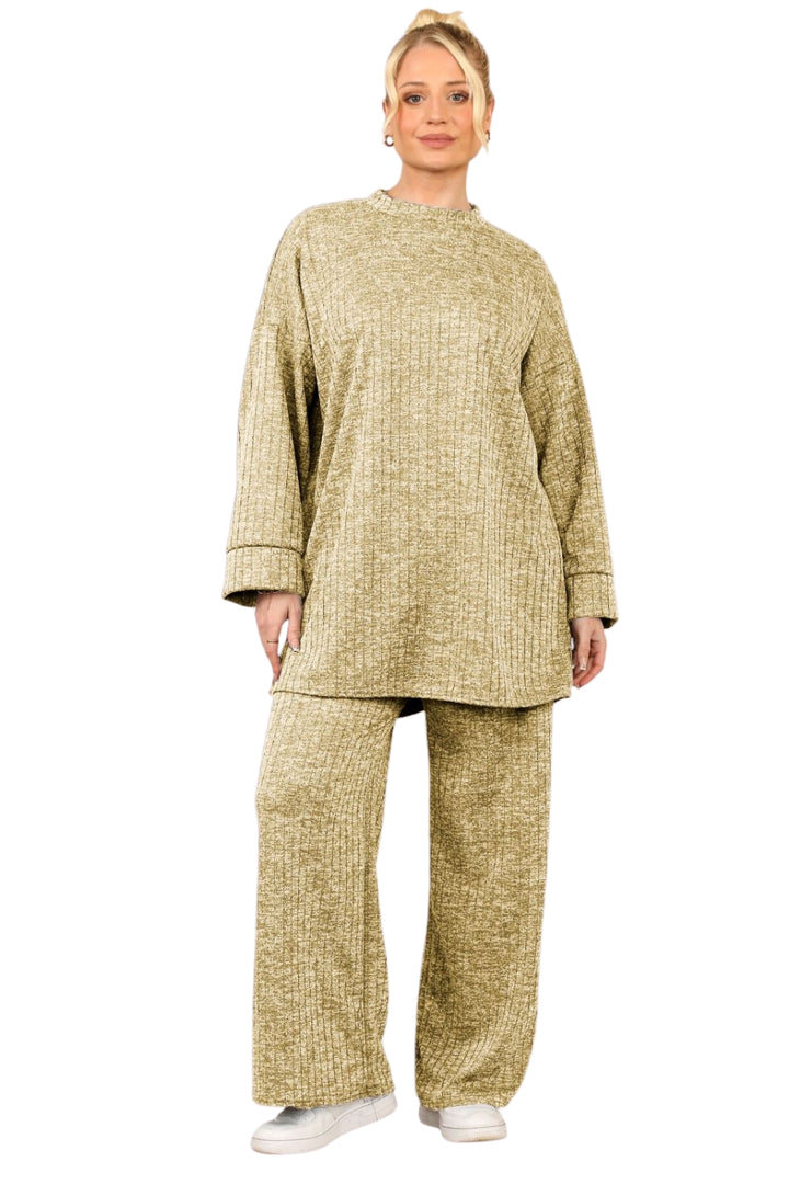 2 Piece Needle Ribbed Long Sleeves Loungewear Set