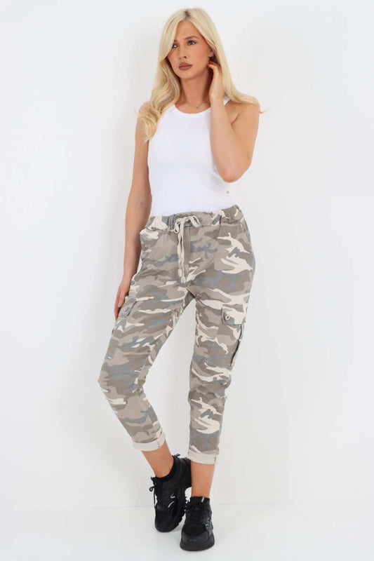 Italian Drawstring Camo Side Pockets Cargo Trousers