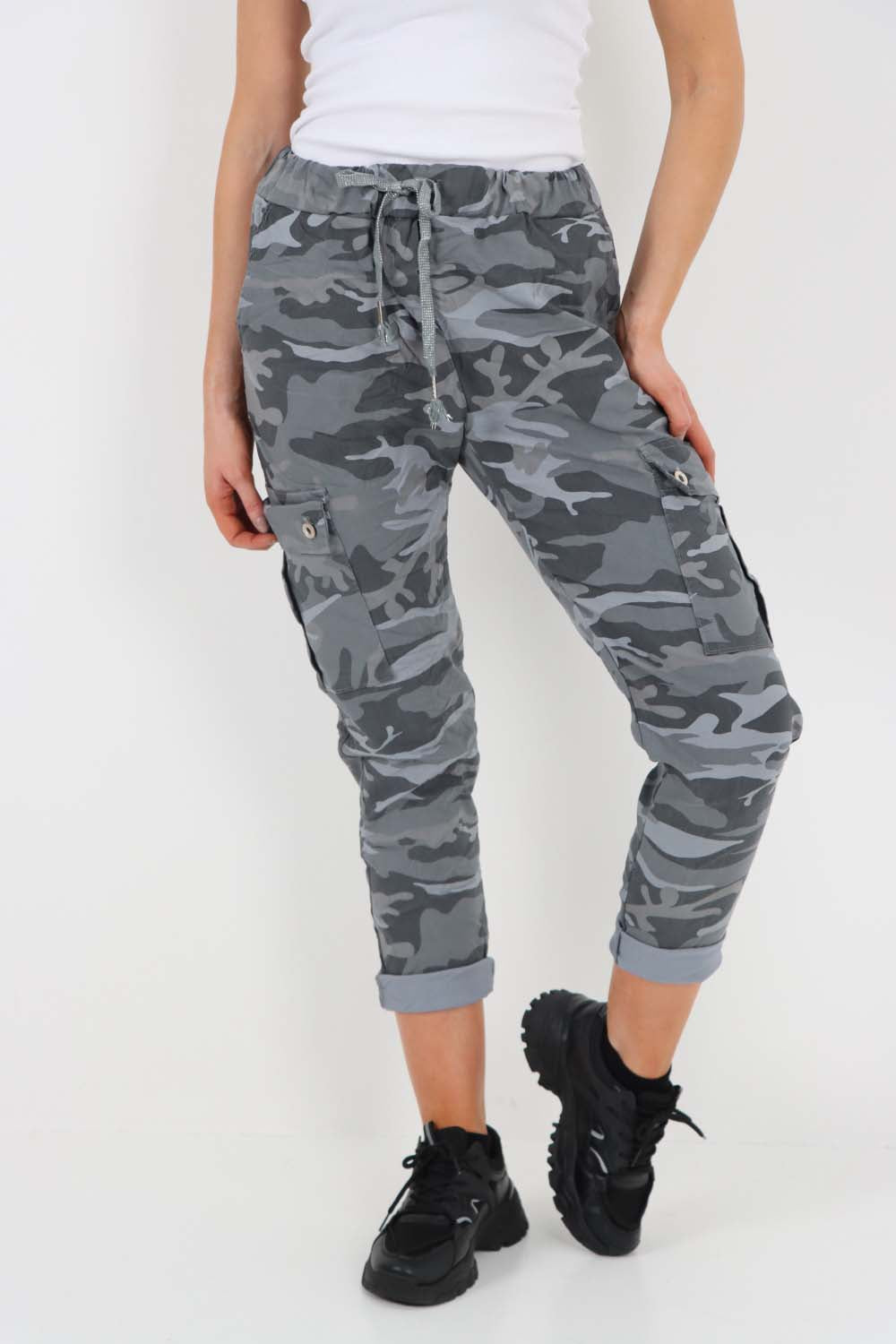 Italian Drawstring Camo Side Pockets Cargo Trousers