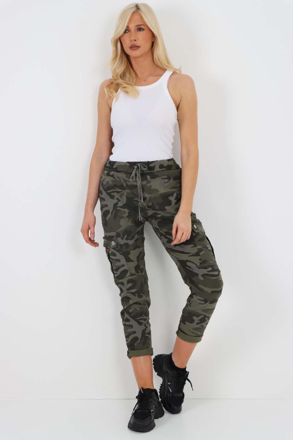 Italian Drawstring Camo Side Pockets Cargo Trousers