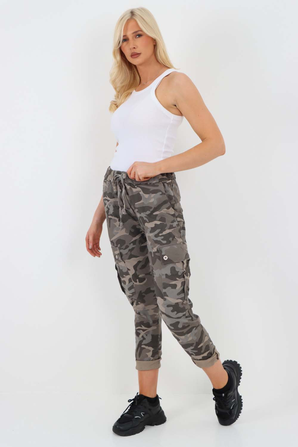 Italian Drawstring Camo Side Pockets Cargo Trousers